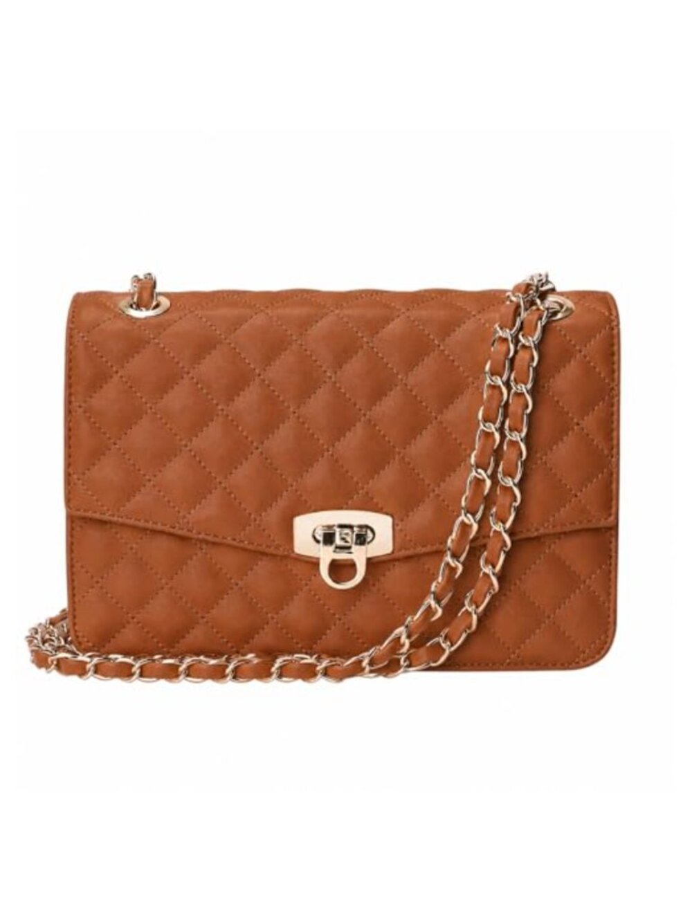 Quilted Faux Leather Crossbody Bag with Chain Strap, 2 Compartments & Wallet